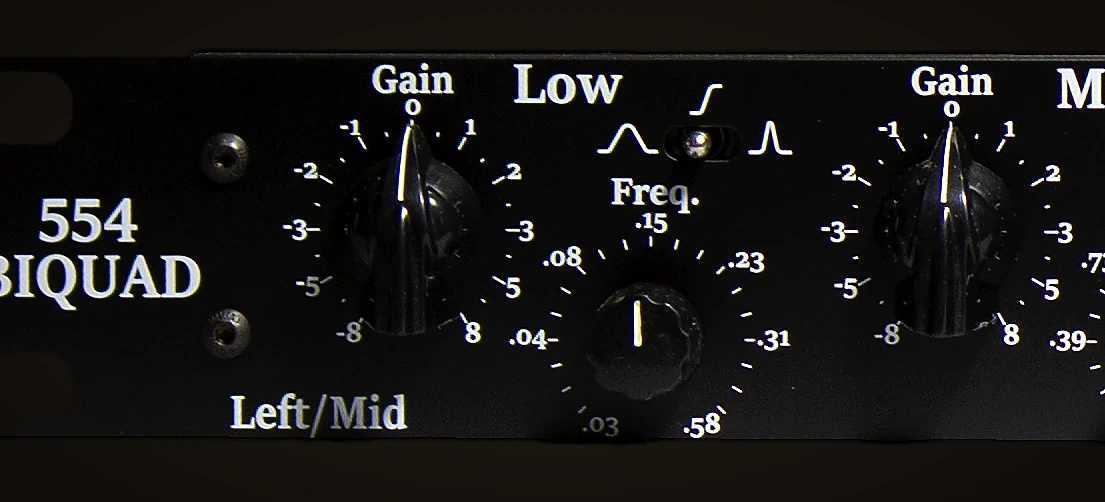 Close-up of the Left/Mid Low band: gain and frequency controls with the shelving, bell and peak selector, and the start of the Mid band