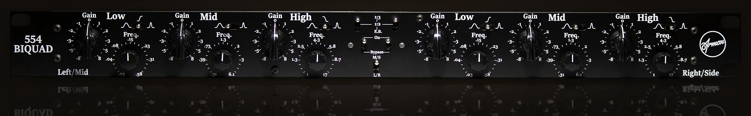 Full front panel of the Armon 554 Biquad: Left/Mid and Right/Side, three bands per channel and the central section